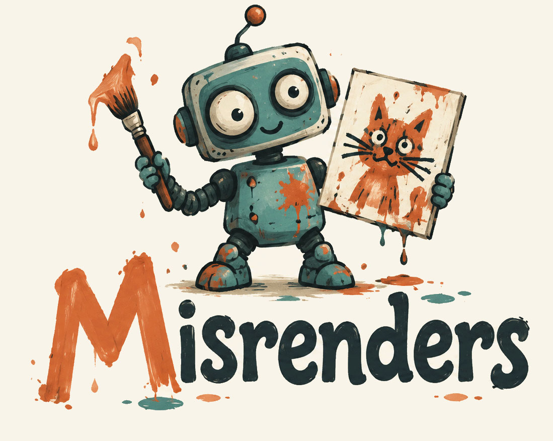 A paint-spattered robot proudly displaying a cat painting
